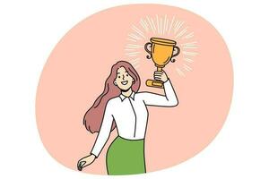 femme avec trophée célébrer Succès vecteur