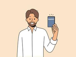 souriant barbu homme montrant passeport. content Masculin citoyenne recevoir personnel identification document. officiel permanent résidence et citoyenneté. vecteur illustration.