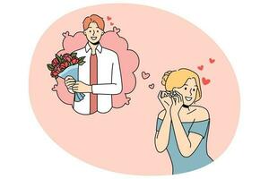 content femme rêver de homme avec fleurs vecteur