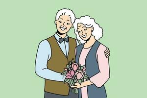 personnes âgées couple dans l'amour sourit réjouissance à content famille vie, pose pour image sur veille de d'or mariage. personnes âgées famille de homme et femme étreindre chaque autre, à la recherche à écran et en riant vecteur