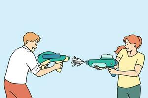 content couple tournage avec l'eau des fusils. souriant homme et femme avoir amusement avec Plastique pistolet à eau jouets. divertissement et loisirs. vecteur illustration.