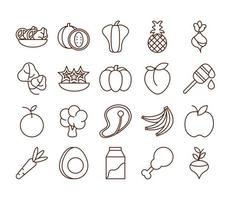 aliments sains fruits frais légumes et protéines ingrédients produits icônes définies icône de style de ligne vecteur