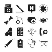 Ensemble d'icônes de style de silhouette pictogramme médical et hospitalier de la santé vecteur