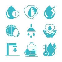 gouttes d'eau nature liquide sauver environnement boire bleu silhouette style icônes ensemble vecteur