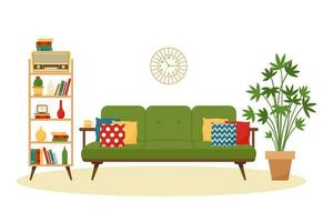ancien vivant pièce intérieur avec canapé et étagère. rétro meubles ensemble dans Années 60 style. plat vecteur illustration