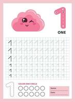 Nombres tracé entraine toi. l'écriture nombre un. tracé feuille de travail avec quatre mignonne rose nuage. imprimable graphique Tâches pour moteur compétences. math Jeu pour les enfants qui apprendre à compter et écrire. vecteur. vecteur