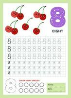 Nombres tracé entraine toi. l'écriture nombre huit. tracé feuille de travail avec mignonne huit cerises. imprimable graphique Tâches pour moteur compétences. math Jeu pour les enfants qui apprendre à compter et écrire. vecteur. vecteur