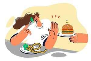 femme refuse Hamburger et mange en bonne santé nourriture, vouloir à avoir débarrasser de excès poids et conduire en bonne santé mode de vie. fille avec assiette rempli avec salade fait du Arrêtez geste refusant à manger vite nourriture vecteur