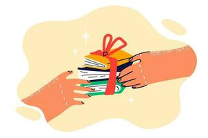 livres avec cadeau ruban dans mains de la personne symboliser prix à étudiant de école pour gagnant olympiade. cadeau de livres à afficher librairie ou bibliothèque avec collection de Littérature et encyclopédies. vecteur