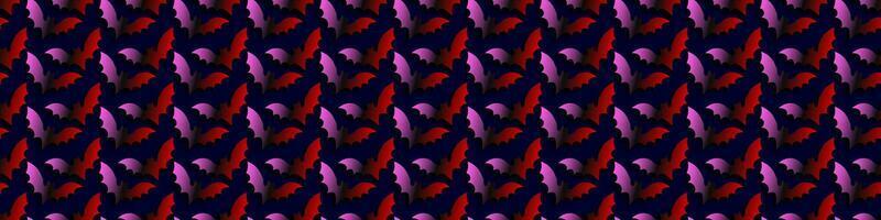 horizontal bannière de coloré ultra-violet néon en volant chauves-souris modèle sur foncé Contexte. sans couture et répéter rouge et magenta pente en volant chauves-souris fond d'écran. vecteur illustration.