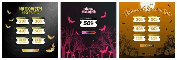 ensemble de Halloween à thème spécial vente en ligne bon affiches avec vue détails cta bouton et bon code. Halloween numérique 50 coupon, gratuit expédition, gratuit livraison. modifiable vecteur modèle.