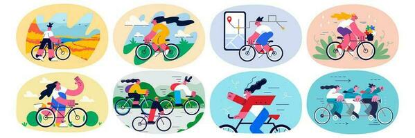 ensemble de diverse gens se détendre prendre plaisir été fin de semaine balade vélos Piste route sur téléphone intelligent application. collection de Jeune Hommes ou femmes cycliste faire physique activité cycle vélo. plat vecteur illustration.