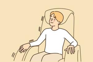 homme détendu séance dans massage chaise profiter confort et bien-être traitements pour colonne vertébrale et muscles. souriant gars dans décontractée vêtements séance dans massage chaise dans aéroport salon ou achats centre commercial vecteur
