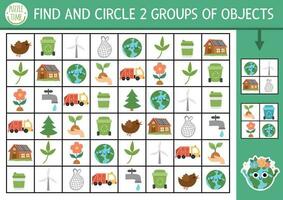 écologique chercher et trouver Jeu avec traditionnel symboles. attention compétences formation puzzle avec zéro déchets concept. Terre journée imprimable activité pour enfants. éco conscience recherche puzzle vecteur