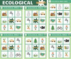 vecteur écologique bingo cartes ensemble. amusement famille loto planche Jeu avec mignonne éco conscience symboles pour enfants. Terre journée loterie activité. Facile éducatif imprimable feuille de travail.