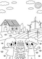 vecteur noir et blanc éco la vie scène avec mignonne enfants. verticale carte modèle avec ligne écologique paysage. vert ville illustration avec forêt, enfants, les plantes. Terre journée coloration page