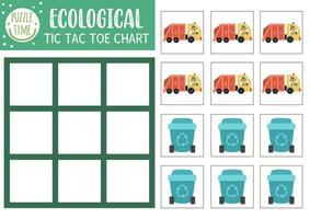 vecteur écologique tic tac doigt de pied graphique avec déchets un camion et récipient. éco conscience planche Jeu en jouant champ. marrant Terre journée imprimable feuille de travail avec spécial transport. zéros et des croix la grille