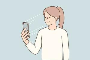 femme en utilisant téléphone intelligent passe biométrique identification permettant accès à bancaire application. fille apporte intelligent téléphone à visage à ouvrir gadget par biométrique vérification cette remplace mot de passe vecteur