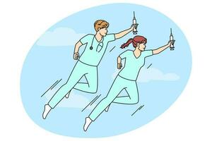 médecins dans uniformes comme super héros en volant avec seringues à Aidez-moi patient. médical professionnels prévenir maladies et pandémie. soins de santé et médicament. vecteur illustration.