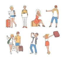 touristes avec des valises. illustrations de conception de vecteur de style dessinés à la main.