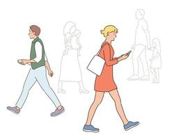 les gens marchant dans la rue. illustrations de conception de vecteur de style dessinés à la main.