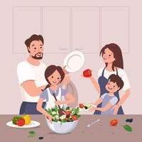 la famille heureuse prépare la nourriture. les enfants aident leurs parents. la fille fait une salade de légumes. dîner à la maison avec maman, papa, frère et sœur. mode de vie sain, bonne nutrition vecteur