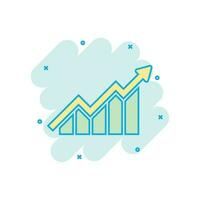 icône de graphique à barres croissante dans le style comique. augmenter le pictogramme d'illustration de dessin animé de vecteur de flèche. effet d'éclaboussure du concept d'entreprise de progrès infographique.