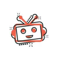 icône de chatbot robot mignon dans le style comique. pictogramme d'illustration de dessin animé de vecteur d'opérateur de bot. effet d'éclaboussure de concept d'entreprise de personnage de chatbot intelligent.