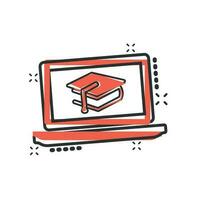 icône de l'éducation elearning dans le style comique. pictogramme d'illustration de dessin animé de vecteur d'étude. ordinateur portable formation en ligne concept d'entreprise effet splash.