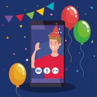 fête en ligne, l'homme a une fête en ligne en quarantaine, vidéoconférence, vacances en ligne de caméra Web de fête, dans un smartphone vecteur