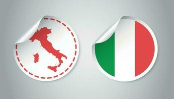 Italie autocollant avec drapeau et carte. étiqueter, rond étiquette avec pays. vecteur illustration sur gris Contexte.