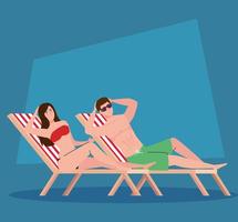 couple allongé sur des chaises de plage, saison des vacances d'été vecteur