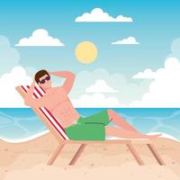 homme allongé sur une chaise de plage, saison des vacances d'été vecteur
