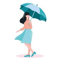 Jeune femme en marchant avec parapluie dans plat style isolé sur Contexte vecteur