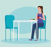 distance sociale dans un nouveau concept de restaurant, femme mangeant sur table, protection, prévention du coronavirus covid 19 vecteur