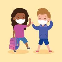 enfants mignons portant un masque médical pour prévenir le coronavirus covid 19 avec cartable, petits étudiants portant un masque médical de protection vecteur