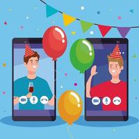 fête en ligne, rencontre d'amis, hommes font une fête en ligne ensemble en quarantaine, vidéoconférence sur smartphones, vacances en ligne avec caméra Web de fête vecteur