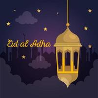 eid al adha mubarak, joyeux festin de sacrifice, avec décoration suspendue de lanterne dorée vecteur