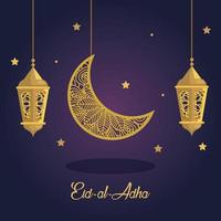 eid al adha mubarak, joyeux festin de sacrifice, avec des lanternes dorées et une décoration suspendue à la lune vecteur