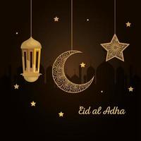 eid al adha mubarak, joyeux festin de sacrifice, avec décoration suspendue de lanterne dorée, de lune et d'étoile vecteur