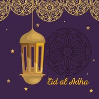 eid al adha mubarak, joyeux festin de sacrifice, avec décoration suspendue de lanterne dorée vecteur