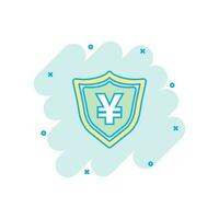 yen de dessin animé de vecteur, icône de devise d'argent de bouclier de yuan dans le style comique. pictogramme d'illustration de concept de protection des pièces de monnaie yen. concept d'effet d'éclaboussure d'affaires d'argent en asie. vecteur