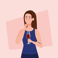 femme heureuse avec une tasse de vin, mode de vie sain, célébrant la fête de vacances vecteur