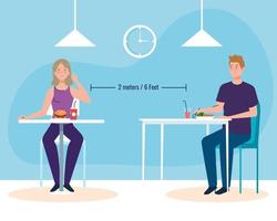 distance sociale dans un nouveau concept de restaurant, couple mangeant sur des tables, protection, prévention du coronavirus covid 19 vecteur
