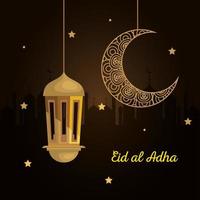 eid al adha mubarak, joyeux festin de sacrifice, avec décoration suspendue de lanterne dorée et de lune vecteur