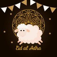 célébration du festival de la communauté musulmane eid al adha, carte avec mouton sacrificiel et mandala d'or, décoration suspendue de guirlandes vecteur