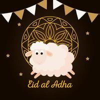 célébration du festival de la communauté musulmane eid al adha, carte avec mouton sacrificiel et mandala d'or, décoration suspendue de guirlandes