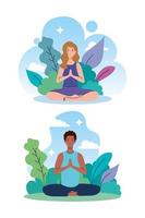 couple méditant dans la nature et les feuilles, concept de yoga, méditation, détente, mode de vie sain vecteur