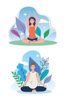 couple méditant dans la nature et les feuilles, concept de yoga, méditation, détente, mode de vie sain vecteur