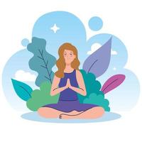 femme méditant dans la nature et les feuilles, concept de yoga, méditation, détente, mode de vie sain vecteur